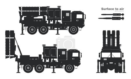 Photo for Black silhouette of air defense missile system. Surface to air rocket launcher drawing. Anti aircraft military vehicle. Front and side view of army truck. Industrial blueprint. Vector illustration - Royalty Free Image