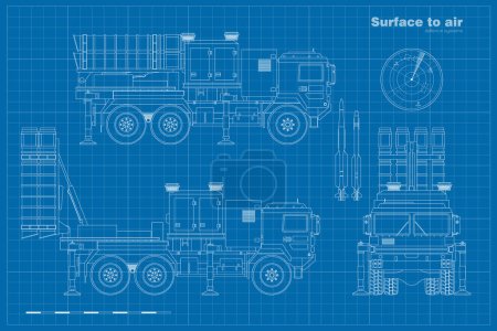Photo for Outline drawing of air defense missile system. Surface to air rocket weapon industrial blueprint. Anti aircraft military launcher. Front and side view of army truck. Vector illustration - Royalty Free Image