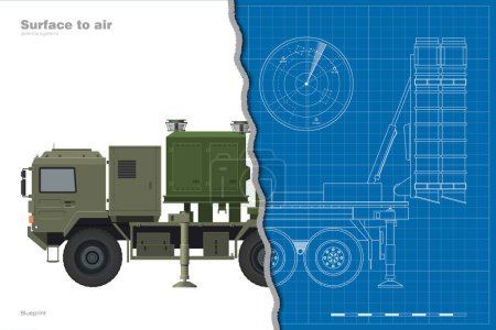 Photo for Air defense missile system drawing. Surface to air 3D rocket launcher. Anti aircraft military vehicle. Front and side view of army truck. Industrial outline blueprint. Vector illustration - Royalty Free Image