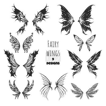 Photo for Fairy wings tattoo collection. Isolated silhouettes of pixie art. Fantasy icons. Mystery butterfly template. Magic designs. Vector illustration - Royalty Free Image
