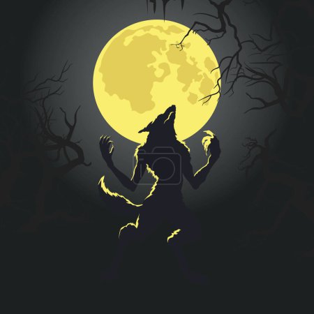 Silueta de hombre lobo sobre fondo de luna llena. Banner monstruo de Halloween. Forma negra de bestia aterradora en un bosque oscuro. Ilustración vectorial