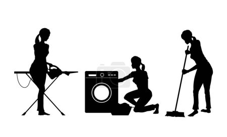 Photo for Isolated housewife silhouette. Woman cleaning apartment. Girl ironing, washing and sweeping. Housework scene. Vector illustration - Royalty Free Image