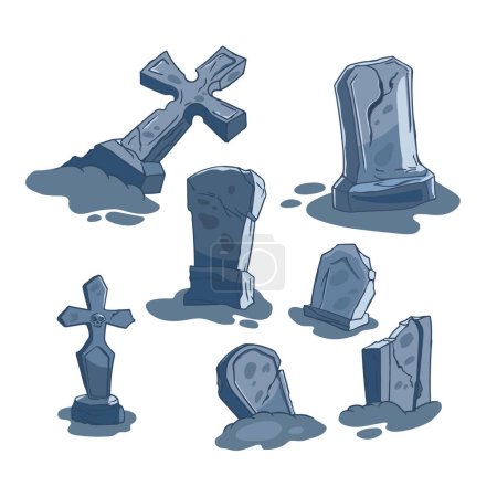 Illustration for Isolated cartoon tombstones. Broken cemetery crosses and gravestones. Scary gothic graveyard. Ancient crypt arts. Blue granite tombs. Vector illustration - Royalty Free Image