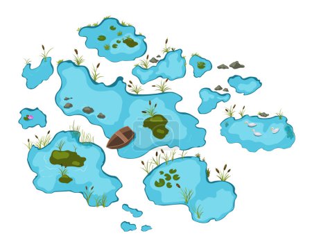 Ilustración de Escena de lagos isométricos. Estanques aislados paisaje. Artes de dibujos animados para el juego en 2D. Elementos naturales con islas, plantas, lirio y pato. Ilustración vectorial - Imagen libre de derechos