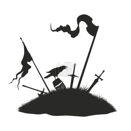 Illustration for Medieval battlefield landscape. Isolated silhouette of warrior grave. Knight mound with sword, helmet and flags. Middle age battle scene. Vector illustration - Royalty Free Image