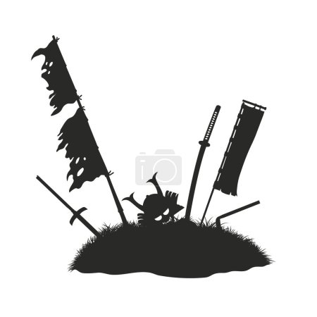 Téléchargez les illustrations : Paysage ancien du champ de bataille. Silhouette isolée de tombe de samouraï. Tumulus guerrier avec épée, casque et drapeaux. Scène de bataille japonaise. Illustration vectorielle - en licence libre de droit