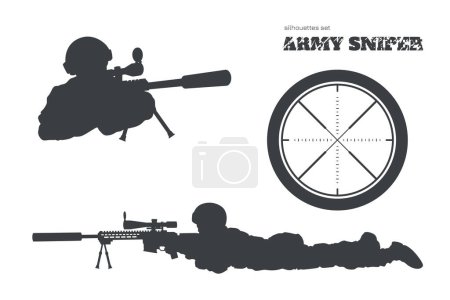 Illustration for Army sniper silhouette. Isolated marksman portrait. Black print of soldier with rifle. Military weapon aim. Special force warrior. Vector illustration - Royalty Free Image