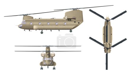 Illustration for Military transport helicopter. Isolated 3D drawing of armed copter. Top, front and side views. Industrial blueprint of war force aviation. USA army cargo vehicle. Vector aviation - Royalty Free Image