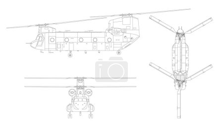 Illustration for Military transport helicopter. Isolated outline drawing of armed copter. Top, front and side views. Line clipart. Industrial blueprint of war force aviation. Army cargo vehicle. Vector aviation - Royalty Free Image