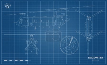 Illustration for Military transport helicopter. Outline drawing of armed copter. Top, front and side views. Print image. Industrial blueprint of war force aviation. Army cargo vehicle. Vector aviation - Royalty Free Image