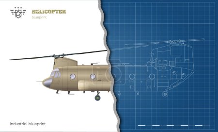 Illustration for Military transport helicopter. Outline drawing of armed copter. Top, front and side views. Industrial blueprint of war force aviation. USA army 3D cargo vehicle. Vector aviation - Royalty Free Image