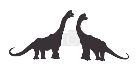 Isolated silhouettes of a pair of dinosaurs. Animals of the Jurassic period. Black drawing of ancient monsters. Sketch of prehistoric reptiles. Vector illustration