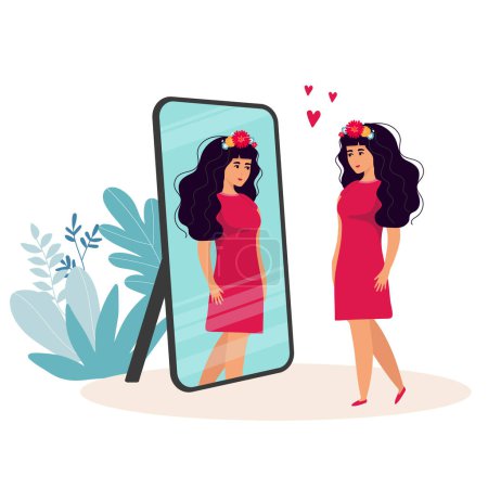 Illustration for Woman standing and looking in mirror. Flat style vector illustration. - Royalty Free Image