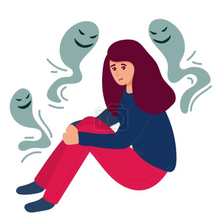 Mental Health Problem concept. Young woman surrounded by fears, negative emotions and bad thoughts holds her head. Psychological disorder or illness. Cartoon contemporary flat vector illustration