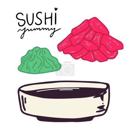 Illustration for Cartoon vector object soy sauce plate pickled ginger wasabi for sushi. - Royalty Free Image