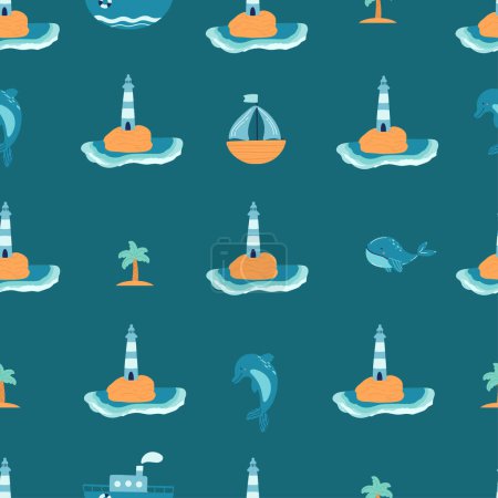 Illustration for Vector lighthouses seamless pattern with waves, fish, ocean. - Royalty Free Image