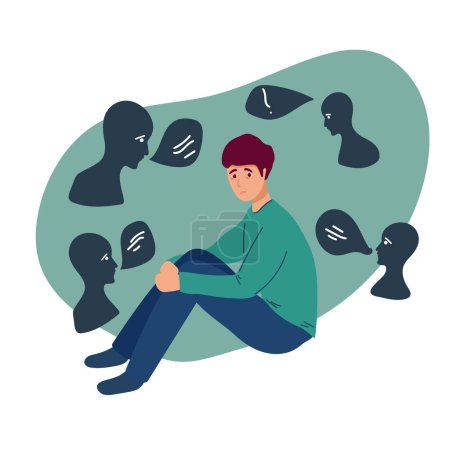 Mental Health Problem concept. Young man surrounded by fears, negative emotions and bad thoughts holds her head. Psychological disorder or illness. Cartoon contemporary flat vector illustration