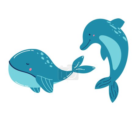 Illustration for Set of marine mammals blue whales, sharks, sperm whales, dolphins, beluga whales, narwhal killer whales. Cartoon vector graphics. - Royalty Free Image