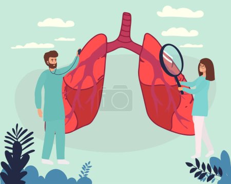 Illustration for Pulmonology vector illustration. Flat tiny lungs healthcare persons concept. Abstract respiratory system examination and treatment. Internal organ inspection check for illness, disease or problems - Royalty Free Image