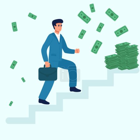 Illustration for Hope to success in business, accomplishment or reaching business goal, reward and motivation concept, smart confident businessman climb up stair to the top to reaching to grab precious star reward. - Royalty Free Image