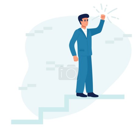 Illustration for Hope to success in business, accomplishment or reaching business goal, reward and motivation concept, smart confident businessman climb up stair to the top to reaching to grab precious star reward. - Royalty Free Image