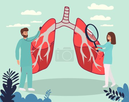 Illustration for Pulmonology vector illustration. Flat tiny lungs healthcare persons concept. Abstract respiratory system examination and treatment. Internal organ inspection check for illness, disease or problems. - Royalty Free Image