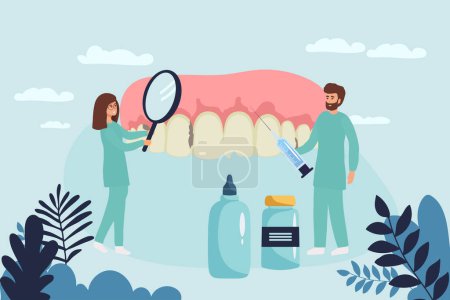 Illustration for Dental clinic and healthcare concept. Woman and man dentists cartoon characters standing examining state of huge human tooth together vector illustration. - Royalty Free Image