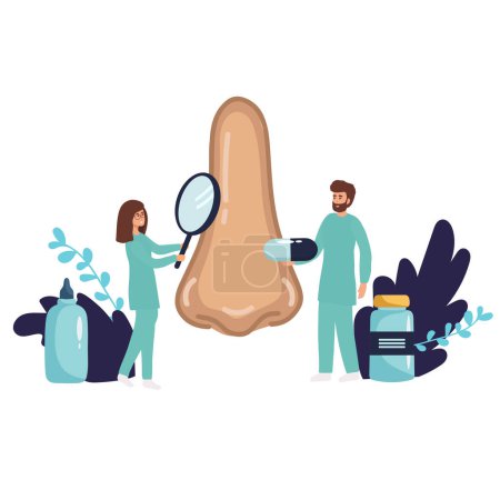 Doctors check health of nose, breathing organ. Surgery rhinoplasty. Medical nasal examination, test and treatment, otorhinolaryngology. Smell loss, congestion nose. Vector flat illustration