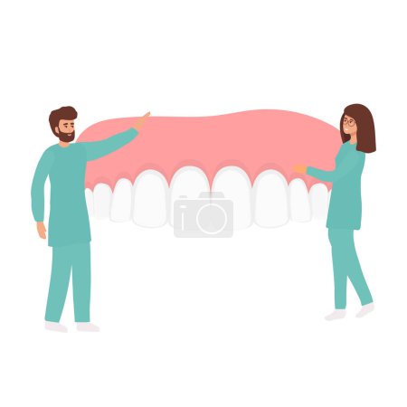 Illustration for Dental clinic and healthcare concept. Woman and man dentists cartoon characters standing examining state of huge human tooth together vector illustration - Royalty Free Image
