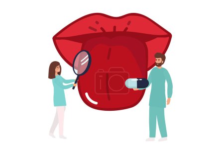 Ilustración de Open mouth with protruding tongue, checkup health tongue doctor. Tongue and disease. Vector illustration, - Imagen libre de derechos