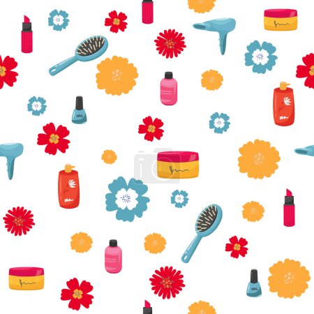 Illustration for Makeup seamless pattern. Illustrations of different cosmetics. Lipstick and pomade glamour vector background. - Royalty Free Image