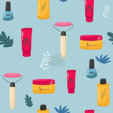 Illustration for Makeup seamless pattern. Illustrations of different cosmetics. Lipstick and pomade glamour vector background, - Royalty Free Image