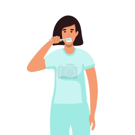 Ilustración de Little girl brushing his teeth. Brushing teeth for oral hygiene. Clean white tooth. Healthy teeth. - Imagen libre de derechos