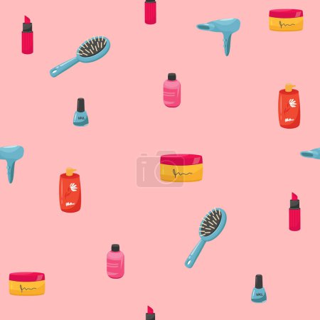 Illustration for Makeup seamless pattern. Illustrations of different cosmetics. Lipstick and pomade glamour vector background - Royalty Free Image