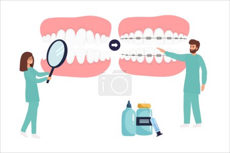 Illustration for Orthodontist installs dental braces for straightening. Tiny Dentist doctor research X-ray picture of tooth. Dentistry, braces installation, teeth alignment. Prosthetics, Orthodontic treatment - Royalty Free Image