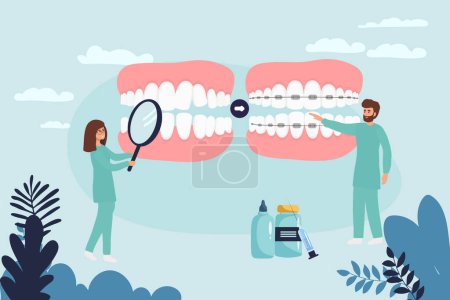 Illustration for Orthodontist installs dental braces for straightening. Tiny Dentist doctor research X-ray picture of tooth. Dentistry, braces installation, teeth alignment. Prosthetics, Orthodontic treatment, - Royalty Free Image