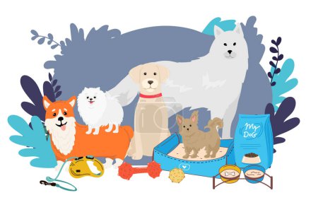 Illustration for Large dogs border set, front view spitz, french mastiff, labrador banner for landing page with goods for dogs - Royalty Free Image