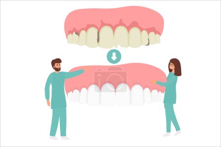 Illustration for Dental clinic and healthcare concept. Woman and man dentists cartoon characters standing examining state of huge human tooth together vector illustration - Royalty Free Image