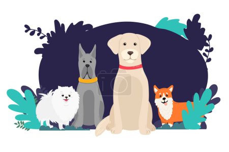 Illustration for Large dogs border set, front view spitz, french mastiff, labrador banner for landing page with goods for dogs, - Royalty Free Image