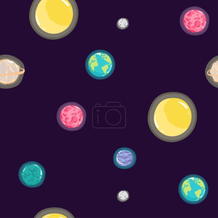 Téléchargez les illustrations : Modèle sans couture de l'espace avec des planètes et des étoiles. Doodle Cartoon Mignon Saturn Planet. Contexte vectoriel spatial pour les enfants - en licence libre de droit