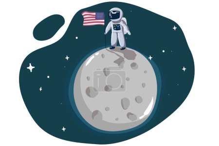 Ilustración de Lindo pequeño astronauta de pie en la luna con bandera de EE.UU. Misión espacial. Ilustración vectorial infantil - Imagen libre de derechos