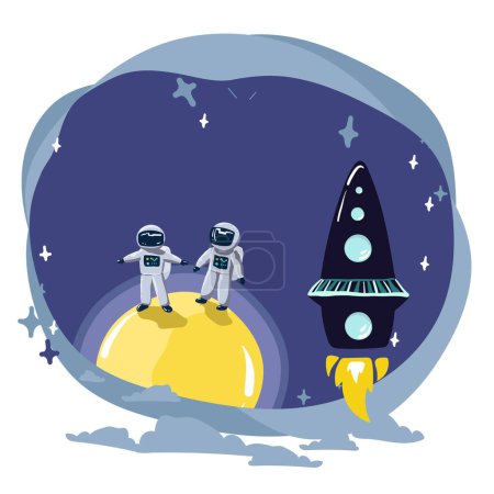 Téléchargez les illustrations : Astronauts characters set in flat cartoon style. Human spaceman and a cute extraterrestrial. Set of universe infographic vector illustration with rocket, satellite, space station, planets, stars, sun - en licence libre de droit