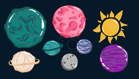 Illustration for Alien planets vector cartoon set of space game user interface, ui or gui design. Fantasy galaxy universe planets and stars with craters, asteroids and satellites, orbits, ice crystal and meteor rings - Royalty Free Image