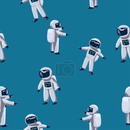 Ilustración de Patrón sin costuras Bonito astronauta de dibujos animados sobre un fondo azul - Imagen libre de derechos