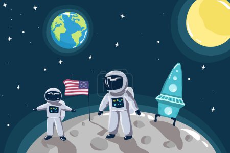 Téléchargez les illustrations : Mignon petit astronaute debout sur la lune avec drapeau américain.Mission spatiale.Illustration vectorielle enfantine
, - en licence libre de droit