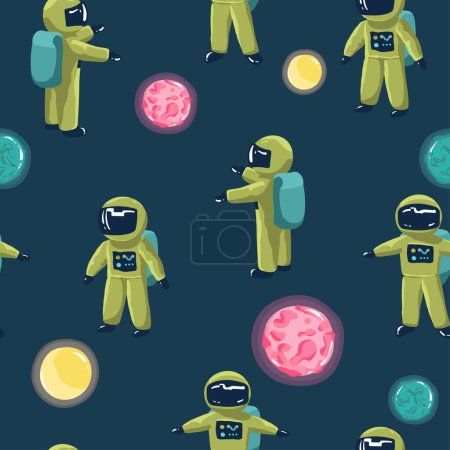 Illustration for Seamless pattern Cute Cartoon astronaut on a blue background Space Seamless Pattern with Planets and Stars. Doodle Cartoon Cute Saturn Planet. Space Vector Background for Kids, - Royalty Free Image
