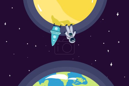 Ilustración de Astronauts characters set in flat cartoon style. Human spaceman and a cute extraterrestrial. Set of universe infographic vector illustration with rocket, satellite, space station, planets, stars, Sun - Imagen libre de derechos