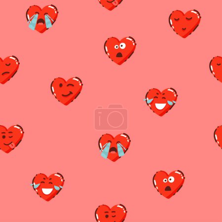 Illustration for Pastel colors smile emoticons pattern. heart shape in pink, modern, minimal and soft design. Art for fabric, textile, giftware, wallpaper, book cover - Royalty Free Image