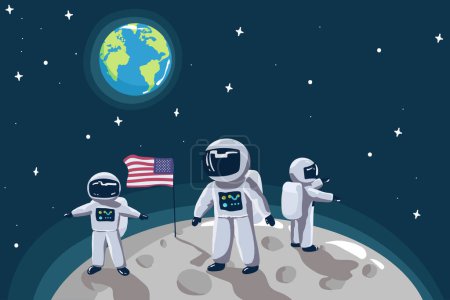 Téléchargez les illustrations : Mignon petit astronaute debout sur la lune avec drapeau américain.Mission spatiale.Illustration vectorielle enfantine - en licence libre de droit