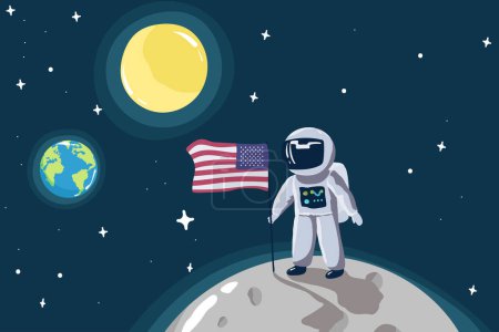 Ilustración de Pequeño astronauta lindo de pie en la luna con bandera de EE.UU. Misión espacial. Ilustración vectorial infantil, - Imagen libre de derechos